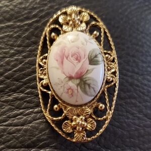 1928 Vintage GOLD TONE PINK ROSE Floral Porcelain Brooch Pin